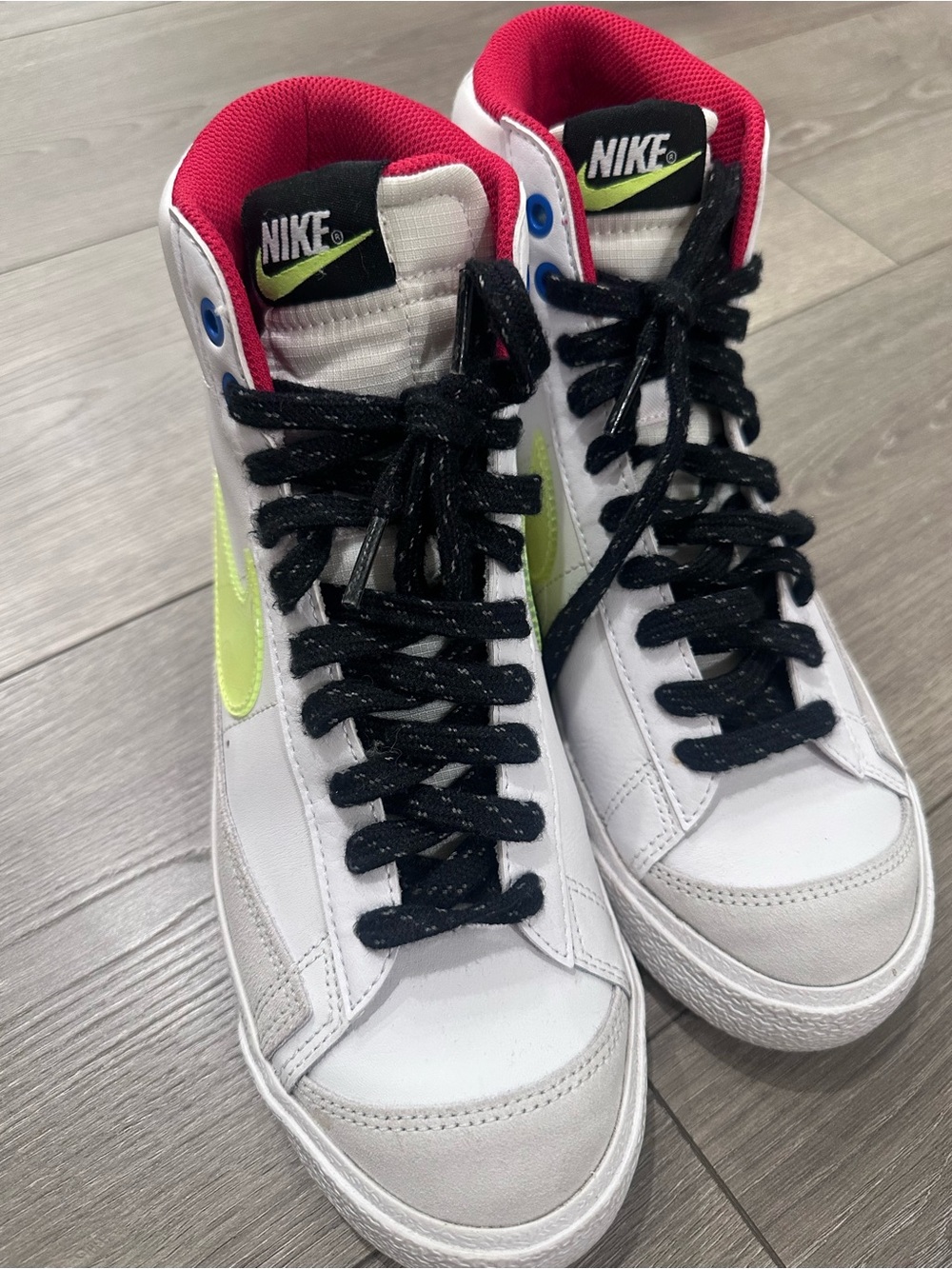 Nike White blazer High-Top Sneakers with Neon Yellow Swoosh and Pink Collar